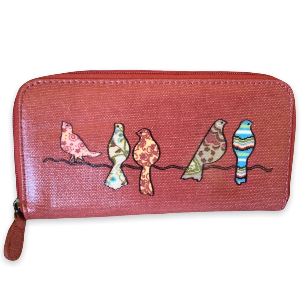 Coated Mariposa Wallet Birds Maroon Zipper Vinyl